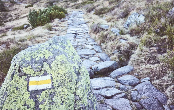Sentiero Escursionistico Montagna Pennarello Una Roccia Messa Fuoco Selettiva Foto — Foto Stock