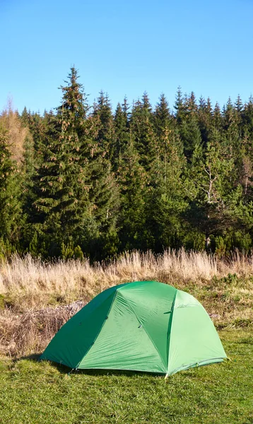 Groene Tent Een Weide Aan Rand Van Een Bergbos — Stockfoto
