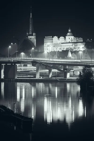 Ducal Castle Cathedral Szczecin Reflected Odra River Foggy Night Poland — Stock Photo, Image