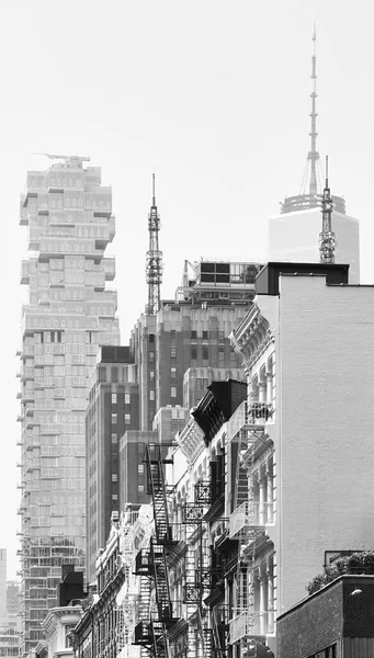 Black White Photo Modern Old Buildings Fire Escapes New York — Stock Photo, Image