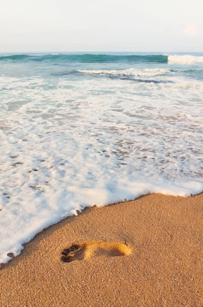 Отпечаток Ноги Песчаном Тропическом Пляже Нанесение Тонизирующего Цвета Избирательный Фокус — стоковое фото