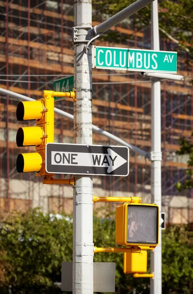 Traffic Lights Columbus Avenue One Way Street Signs New York — Stock Photo, Image