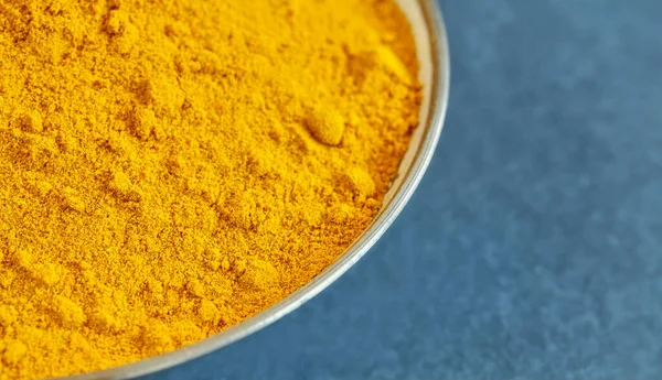 Close Picture Turmeric Powder Bowl Shallow Depth Field Space Text — Stock Photo, Image