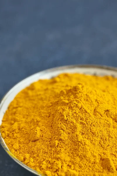 Close Picture Turmeric Powder Bowl Shallow Depth Field Space Text — Stock Photo, Image