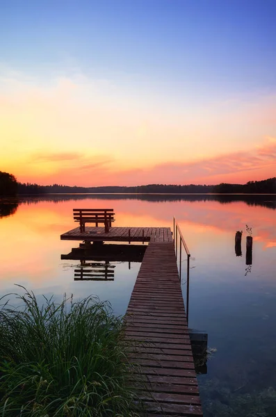 Bench Wooden Pier Sunset Lipie Lake Dlugie Village Poland — Stock Photo, Image