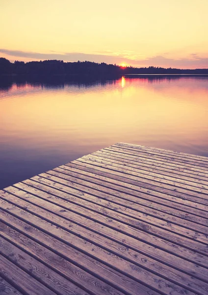 Wooden Pier Golden Sunset Selective Focus Color Toning Applied Strzelce — Stock Photo, Image