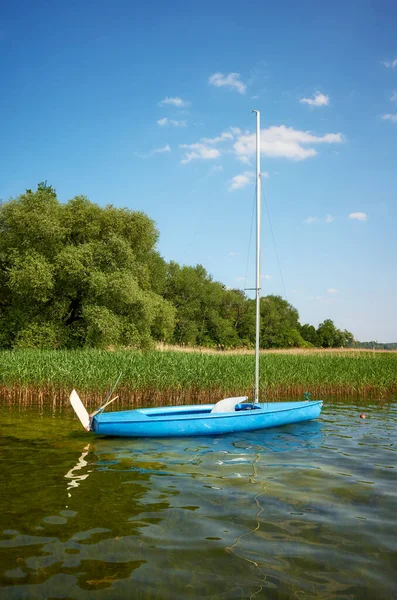 Pequeño Velero Azul Amarrado Por Cañas Lago Drawsko Polonia —  Fotos de Stock
