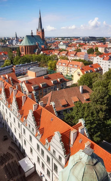 Flygfoto Över Szczecin Stadsbild Med Slottsgården Längst Ner Och Katedralen — Stockfoto