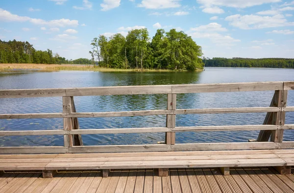 Small Island Osiek Lake Seen Wooden Bridge Poland — Stock Photo, Image