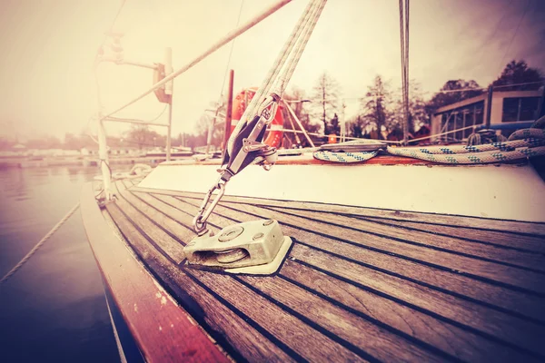 Vintage filtered close up picture of yacht rigging. — Stock Photo, Image
