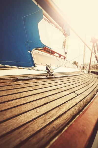 Vintage filtered close up picture of yacht deck and rigging. — Stock Photo, Image