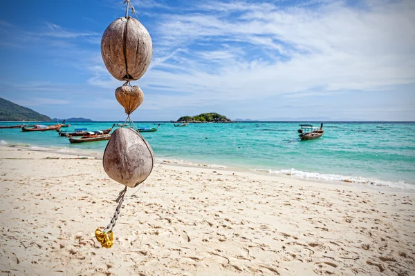 Unikátní kokos dekorace na tropické pláži, přírodní pozadí. — Stock fotografie
