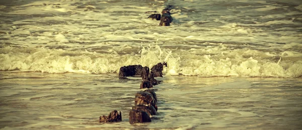 Retro filtrovaný obraz mořského pobřeží a staré dřevěné příspěvky. — Stock fotografie