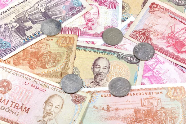 Money from Vietnam, various Dong banknotes and coins. — Stock Photo, Image