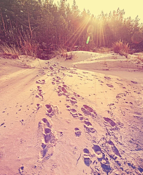 Fotspår på sand, retro stiliserad natur bakgrund. — Stockfoto