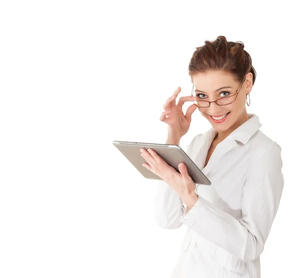 Portrait of a woman working on tablet computer. — Stock Photo, Image