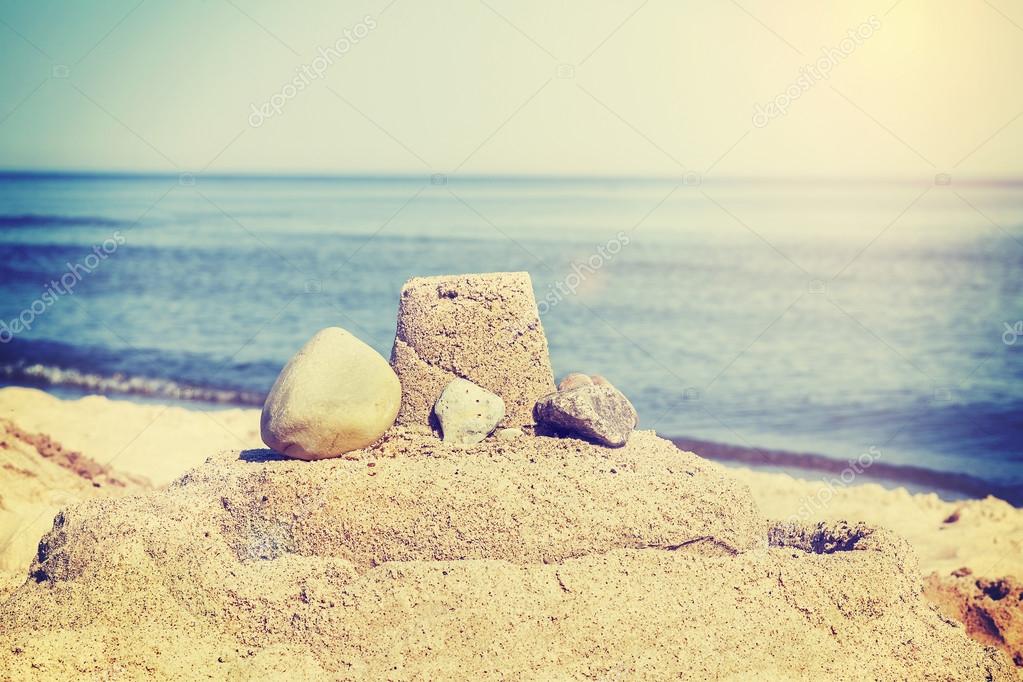 Vintage Retro Toned Simple Sandcastle On A Beach Summer Holiday Stock Photo Vintage Retro Toned Simple Sandcastle On A Beach Summer Holiday Stock Photo