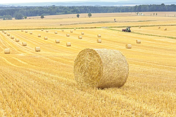 Colheita de fundo, fardos de feno e trator à distância . — Fotografia de Stock