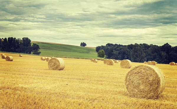 Vintage retro afgezwakt geoogste veld met hooibalen. — Stockfoto