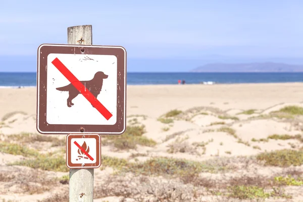 Geen honden en kampvuren op het strand ondertekenen, Californië, Verenigde Staten. — Stockfoto