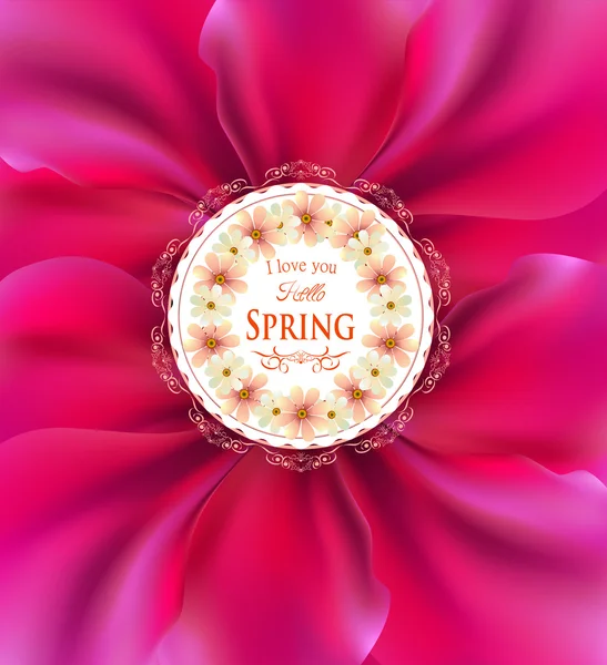 Hermosa etiqueta hola primavera en núcleo de flores — Archivo Imágenes Vectoriales