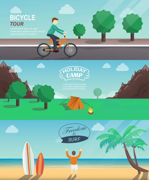 Banners ciclismo, camping, férias na praia — Vetor de Stock