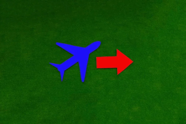 Літак Синій Вказівник Стрілки Червоний Зеленому Тлі Подорожі Напрямок Подорожей — стокове фото