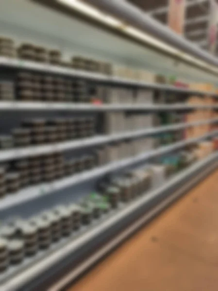 Estantes Fondo Borroso Tienda Con Alimentos Supermercado Venta Descuentos — Foto de Stock