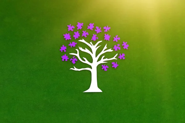 Tree Crown Purple Puzzles Green Background Business Project Team Work — Foto Stock