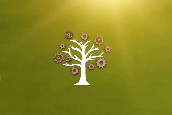 Baum Hölzerne Zahnräder Auf Grünem Hintergrund Gemeinsamer Geschäftsplan Arbeit Team — Stockfoto