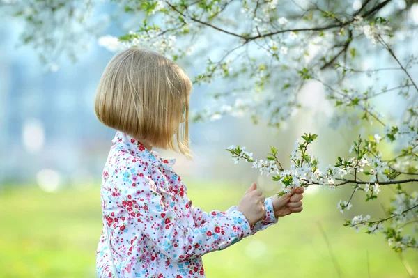 Beautiful happy little girl  enjoying smell in a flowering sprin — Stock Photo, Image