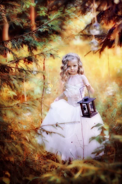 Little blond girl in white dress with lantern — Stock Photo, Image