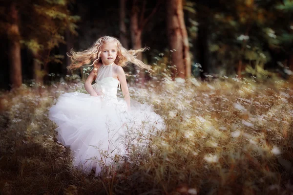 Little blond girl in white dress — Stock Photo, Image