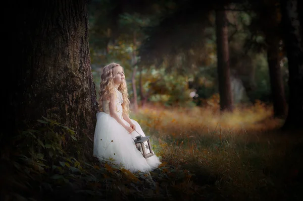 Little blond girl in white dress with lantern — Stock Photo, Image