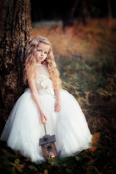 Little blond girl in white dress with lantern — Stock Photo, Image