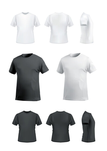T-shirt mockup set, front, side, back and perspective view.
