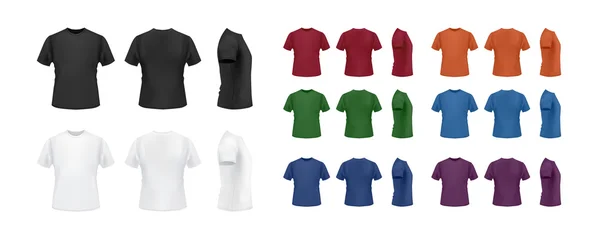 Camiseta maqueta colorido conjunto, frente, lado, vista trasera . — Vector de stock