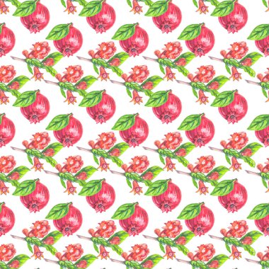 Beyaz zemin üzerinde kusursuz desenli nar ve çiçekler suluboya