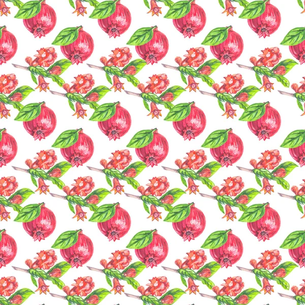 Beyaz zemin üzerinde kusursuz desenli nar ve çiçekler suluboya