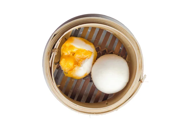 Dim Sum in Bamboo Steamed Bow isolated white background — Stock Photo, Image
