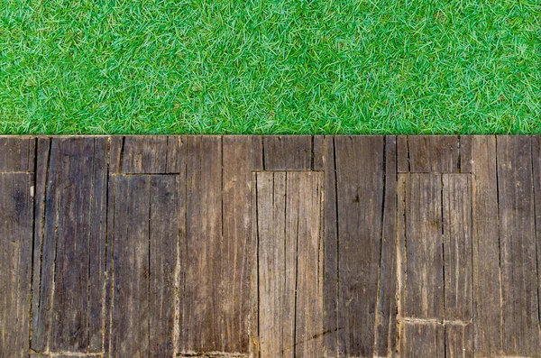 Holz Holz braun Planke mit Gras Textur Hintergrund — Stockfoto