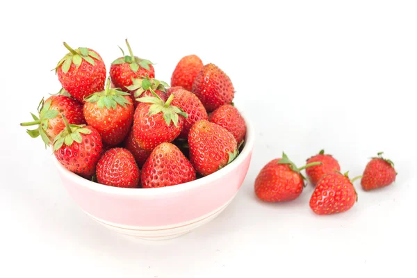 Small white bowl filled with red strawberries — Stock Photo, Image