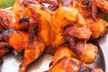 fırında kızarmış tavuk karkas metal plaka üzerinde