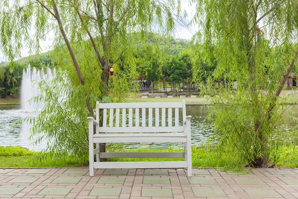 湖と 1 つの椅子の春の風景 — ストック写真