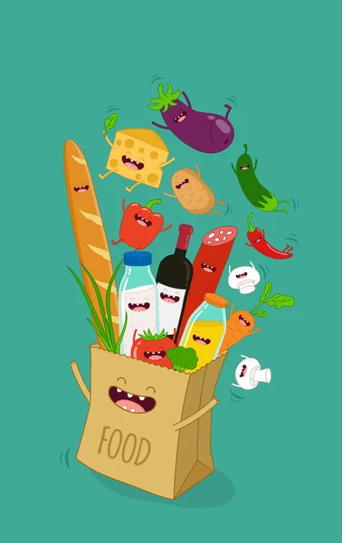 Bolsa con comida fresca y divertida — Vector de stock