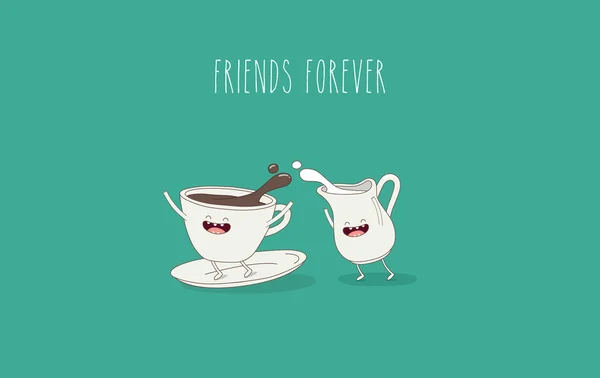 Drôle de tasse de café et cruche de lait — Image vectorielle