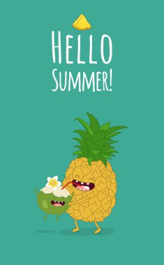 Ananas ile Hindistan cevizi. Çizgi karakter