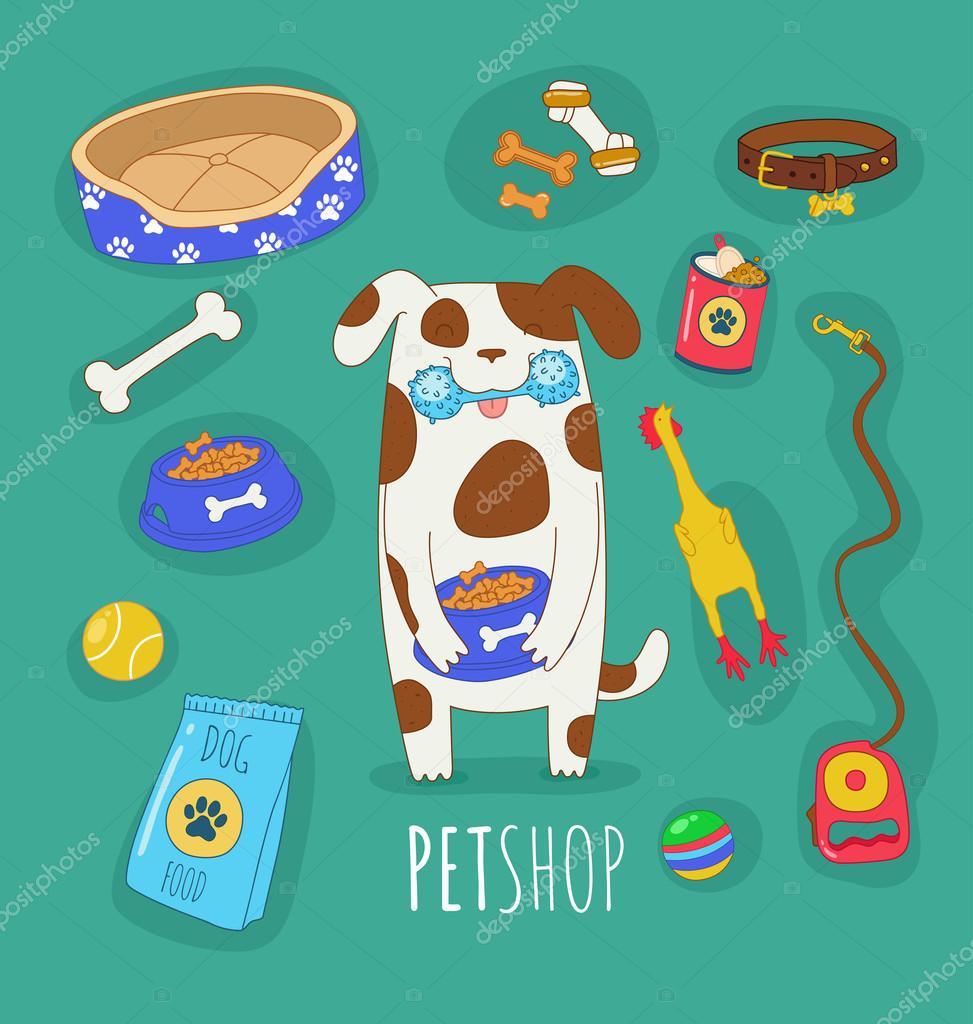 Funny set of dog life icons. Dog food and toys. Vector illustrations.