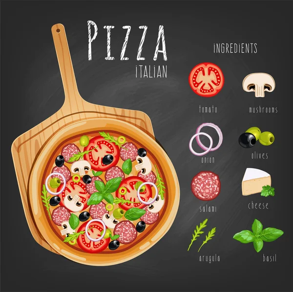 Pizza no tabuleiro e ingredientes — Vetor de Stock