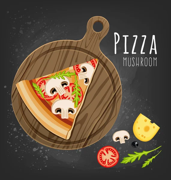 Pizza slice op bestuur en ingrediënten — Stockvector